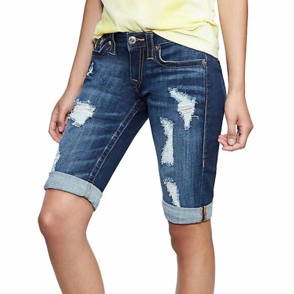 NWT True Religion Women's Bermuda Jean Shorts w/ Flaps & Rips in Midnight - 24 - Picture 1 of 5